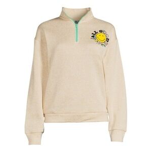 Smiley World Colorful Smiley Face Print Quarter-Zip Tan Sweatshirt Size Large